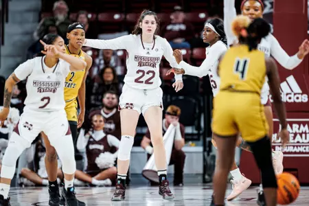 STARKVILLE, MS - November 18, 2022 - Mississippi State Center Charlotte Kohl (#22) during the game between the Alabama State Hornets and the Mississippi State Bulldogs at Humphrey Coliseum in Starkville, MS. Photo By Kevin Snyder