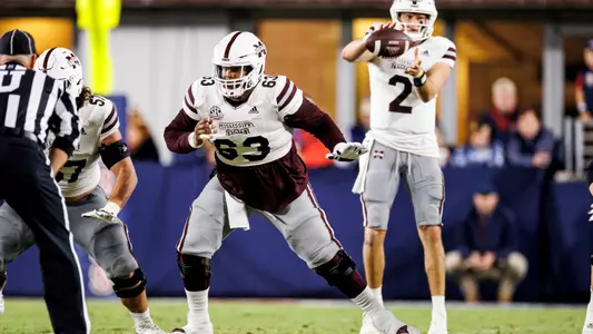 OXFORD, MS - November 24, 2022 - Mississippi State Offensive Lineman LaQuinston Sharp (#63) during the Battle for the Golden Egg between the Mississippi State Bulldogs and the Ole Miss Rebels at Vaught Hemingway Stadium in Oxford, MS. Photo By Kevin Snyder
