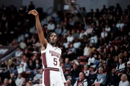 STARKVILLE, MS - November 28, 2022 - Mississippi State Forward Kimani Hamilton (#5) during the game between the Omaha Mustangs and the Mississippi State Bulldogs at Humphrey Coliseum in Starkville, MS. Photo By Mike Mattina