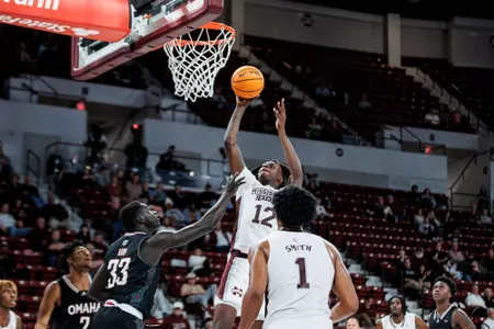 STARKVILLE, MS - November 28, 2022 - Mississippi State Forward KeShawn Murphy (#12) during the game between the Omaha Mustangs and the Mississippi State Bulldogs at Humphrey Coliseum in Starkville, MS. Photo By Mike Mattina