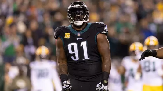 Nov 27, 2022; Philadelphia, Pennsylvania, USA; Philadelphia Eagles defensive tackle Fletcher Cox (91) reacts after sacking Green Bay Packers quarterback Aaron Rodgers (not pictured) during the second quarter at Lincoln Financial Field. Mandatory Credit: Bill Streicher-USA TODAY Sports