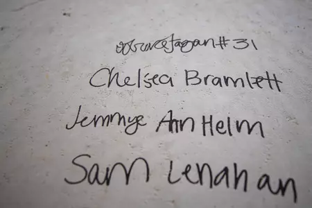 STARKVILLE, MS - November 04, 2022 - Names of former Mississippi State Bulldogs players signed on the foundation of the new indoor softball facility during the Fall World Series at Nusz Park in Starkville, MS. Photo By Mike Mattina