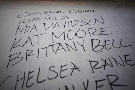 STARKVILLE, MS - November 04, 2022 - Names of former Mississippi State Bulldogs players signed on the foundation of the new indoor softball facility during the Fall World Series at Nusz Park in Starkville, MS. Photo By Mike Mattina