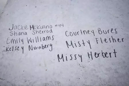STARKVILLE, MS - November 04, 2022 - Names of former Mississippi State Bulldogs players signed on the foundation of the new indoor softball facility during the Fall World Series at Nusz Park in Starkville, MS. Photo By Mike Mattina