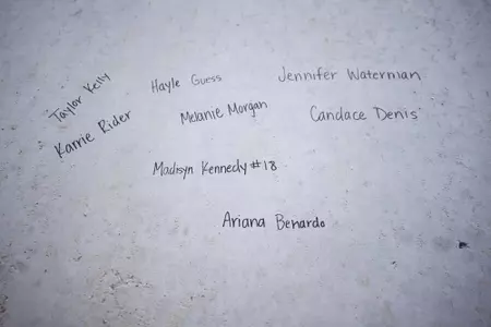 STARKVILLE, MS - November 04, 2022 - Names of former Mississippi State Bulldogs players signed on the foundation of the new indoor softball facility during the Fall World Series at Nusz Park in Starkville, MS. Photo By Mike Mattina