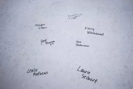 STARKVILLE, MS - November 04, 2022 - Names of former Mississippi State Bulldogs players signed on the foundation of the new indoor softball facility during the Fall World Series at Nusz Park in Starkville, MS. Photo By Mike Mattina