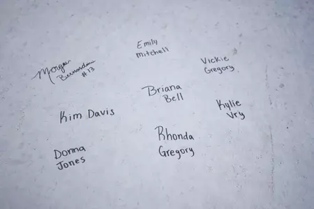 STARKVILLE, MS - November 04, 2022 - Names of former Mississippi State Bulldogs players signed on the foundation of the new indoor softball facility during the Fall World Series at Nusz Park in Starkville, MS. Photo By Mike Mattina