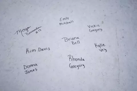STARKVILLE, MS - November 04, 2022 - Names of former Mississippi State Bulldogs players signed on the foundation of the new indoor softball facility during the Fall World Series at Nusz Park in Starkville, MS. Photo By Mike Mattina