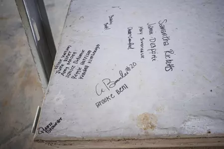 STARKVILLE, MS - November 04, 2022 - Names of former Mississippi State Bulldogs players signed on the foundation of the new indoor softball facility during the Fall World Series at Nusz Park in Starkville, MS. Photo By Mike Mattina