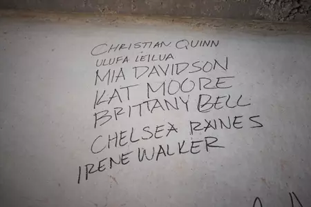 STARKVILLE, MS - November 04, 2022 - Names of former Mississippi State Bulldogs players signed on the foundation of the new indoor softball facility during the Fall World Series at Nusz Park in Starkville, MS. Photo By Mike Mattina