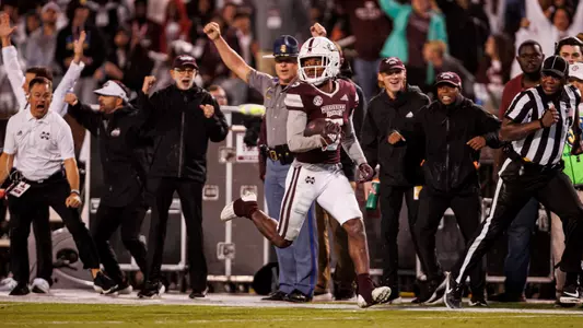 STARKVILLE, MS - November 05, 2022 - Mississippi State Wide Receiver Lideatrick "Tulu" Griffin (#5) during the game between the Auburn Tigers and the Mississippi State Bulldogs at Davis Wade Stadium at Scott Field in Starkville, MS. Photo By Mike Mattina