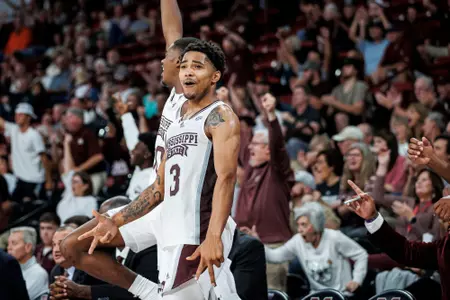 STARKVILLE, MS - November 07, 2022 - Mississippi State Guard Shakeel Moore (#3) during the game between the Texas A&M-CC Islanders and the Mississippi State Bulldogs at Humphrey Coliseum in Starkville, MS. Photo By Kevin Snyder