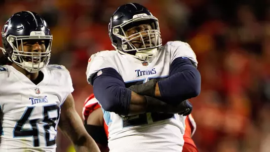 Tennessee Titans defensive end Denico Autry (96) celebrates after sacking Kansas City Chiefs quarterback Patrick Mahomes (15) during the second quarter at GEHA Field at Arrowhead Stadium Sunday, Nov. 6, 2022, in Kansas City, Mo.Nfl Tennessee Titans At Kansas City Chiefs