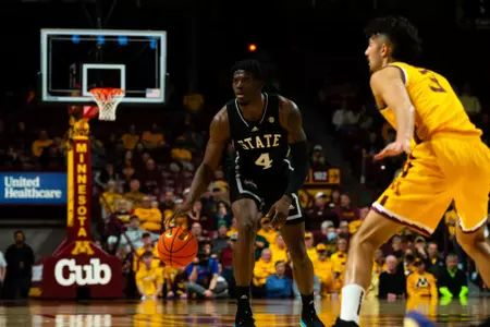MINNEAPOLIS, MN - December 11, 2022 - Mississippi State Guard/Forward Cameron Matthews (#4) during the game between the Minnesota Golden Gophers and the Mississippi State Bulldogs at Williams Arena in Minneapolis, Minnesota. Photo By Rebecca Twite