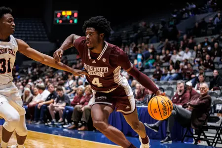 JACKSON, MS - December 14, 2022 - Mississippi State Guard/Forward Cameron Matthews (#4) during the game between the Jackson State Tigers and the Mississippi State Bulldogs at Mississippi Coliseum in Jackson, MS. Photo By Mike Mattina