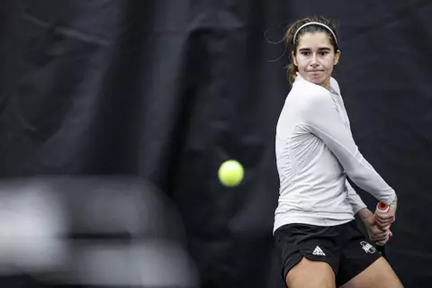 STARKVILLE, MS - January 15, 2022 - Mississippi State's Magda Adaloglou during the match between the Jacksonville State Gamecocks and the Mississippi State Bulldogs at the Rula Tennis Pavilion in Starkville, MS. Photo By Austin Perryman