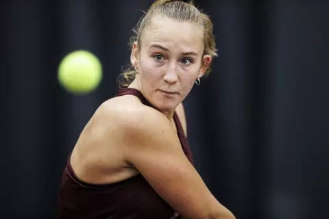 STARKVILLE, MS - January 22, 2022 - Mississippi State’s Alexandra Mikhailuk during the match between the Memphis Tigers and the Mississippi State Bulldogs at the Rula Tennis Pavilion in Starkville, MS. Photo By Kevin Snyder