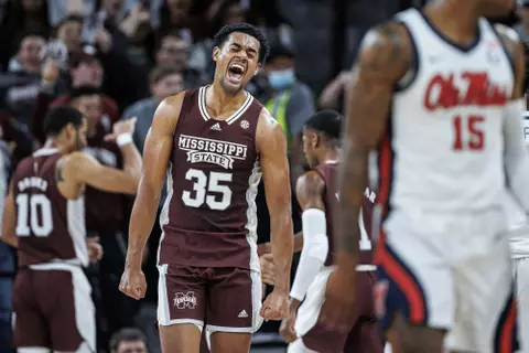 STARKVILLE, MS - January 22, 2022 - Mississippi State Forward Tolu Smith (#35) celebrates during the game between the Ole Miss Rebels and the Mississippi State Bulldogs at Humphrey Coliseum in Starkville, MS. Photo By Austin Perryman