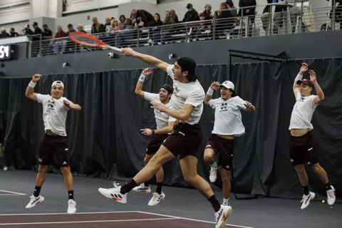 STARKVILLE, MS - January 23, 2022 - Mississippi State's Nemanja Malesevic and team during the match between the Middle Tennessee State Blue Raiders and the Mississippi State Bulldogs at the Rula Tennis Pavilion in Starkville, MS. Photo By Sloane Bush