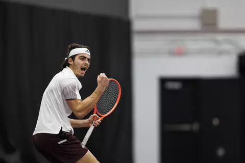 STARKVILLE, MS - January 23, 2022 - Mississippi State's Nemanja Malesevic during the match between the Middle Tennessee State Blue Raiders and the Mississippi State Bulldogs at the Rula Tennis Pavilion in Starkville, MS. Photo By Sloane Bush