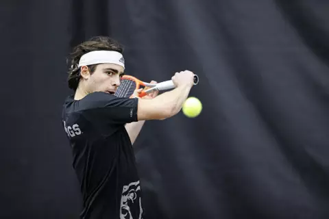 STARKVILLE, MS - January 30, 2022 - Mississippi State's Nemanja Malesevic during day 2 of the ITA Kickoff during the match between the Kentucky Wildcats and the Mississippi State Bulldogs at the Rula Tennis Pavilion in Starkville, MS. Photo By Sloane Bush
