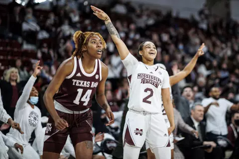 STARKVILLE, MS - January 30, 2022 - Mississippi State Guard JerKaila Jordan (#2) celebrates during the game between the Texas A&M Aggies and the Mississippi State Bulldogs at Humphrey Coliseum in Starkville, MS. Photo By Austin Perryman