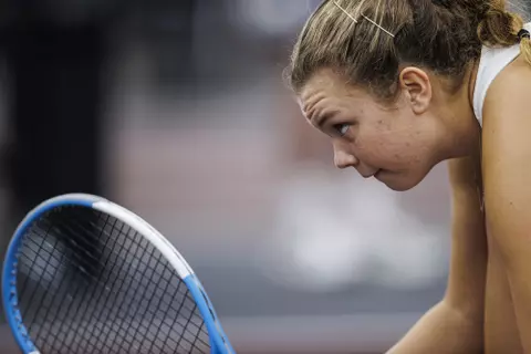 STARKVILLE, MS - February 12, 2022 - Mississippi State’s Emmanouela Antonaki during the match between the North Alabama Lions and the Mississippi State Bulldogs at the Rula Tennis Pavilion in Starkville, MS. Photo By Kevin Snyder