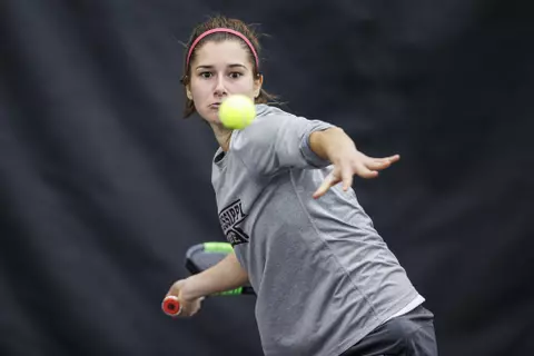 STARKVILLE, MS - February 12, 2022 - Mississippi State’s Magda Adaloglou during the match between the North Alabama Lions and the Mississippi State Bulldogs at the Rula Tennis Pavilion in Starkville, MS. Photo By Kevin Snyder
