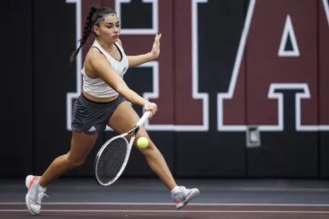 STARKVILLE, MS - February 12, 2022 - Mississippi State’s Alessia Tagliente during the match between the North Alabama Lions and the Mississippi State Bulldogs at the Rula Tennis Pavilion in Starkville, MS. Photo By Kevin Snyder