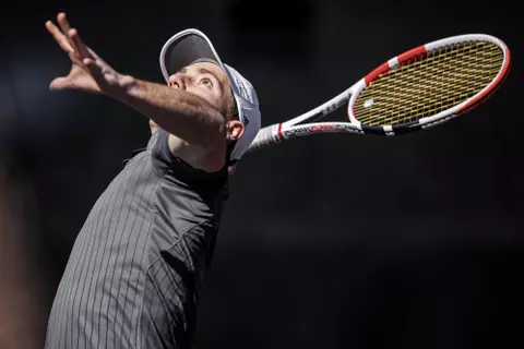STARKVILLE, MS - February 19, 2022 - Mississippi State's Florian Broska during the match between the Florida State Seminoles and the Mississippi State Bulldogs at the AJ Pitts Tennis Centre in Starkville, MS. Photo By Austin Perryman