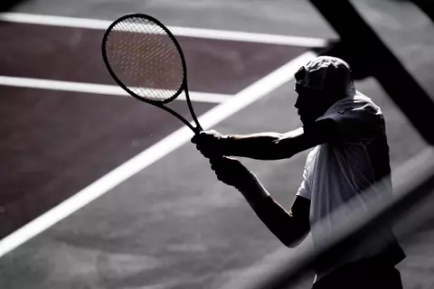 STARKVILLE, MS - February 19, 2022 - Mississippi State's Gregor Ramskogler during the match between the Florida State Seminoles and the Mississippi State Bulldogs at the AJ Pitts Tennis Centre in Starkville, MS. Photo By Austin Perryman