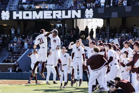 STARKVILLE, MS - February 20, 2022 - Mississippi State Infielder Tanner Leggett (#31) and Infielder/Outfielder Matt Corder (#14) during the game between the Long Beach State Dirtbags and the Mississippi State Bulldogs at Dudy Noble Field at Polk-Dement Stadium in Starkville, MS. Photo By Sloane Bush