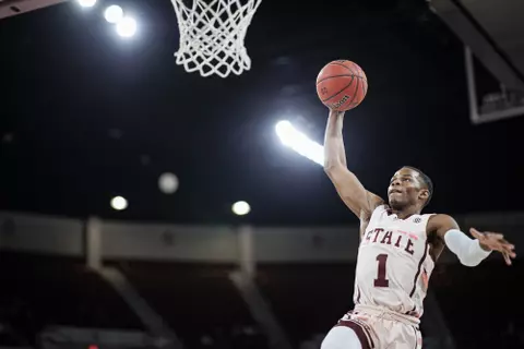 STARKVILLE, MS - February 26, 2022 - Mississippi State Guard Iverson Molinar (#1) during the game between the Vanderbilt Commodores and the Mississippi State Bulldogs at Humphrey Coliseum in Starkville, MS. Photo By Austin Perryman
