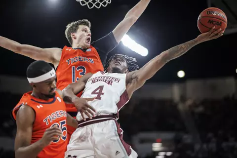 STARKVILLE, MS - March 02, 2022 - Mississippi State Guard/Forward Cameron Matthews (#4) during the game between the Auburn Tigers and the Mississippi State Bulldogs at Humphrey Coliseum in Starkville, MS. Photo By Austin Perryman
