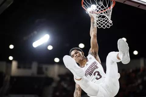 STARKVILLE, MS - March 02, 2022 - Mississippi State Guard Shakeel Moore (#3) during the game between the Auburn Tigers and the Mississippi State Bulldogs at Humphrey Coliseum in Starkville, MS. Photo By Austin Perryman