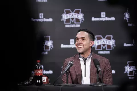 STARKVILLE, MS - March 13, 2022 - Mississippi State Women’s Basketball Head Coach Sam Purcell speaks during a press conference at Humphrey Coliseum in Starkville, MS. Photo By Austin Perryman