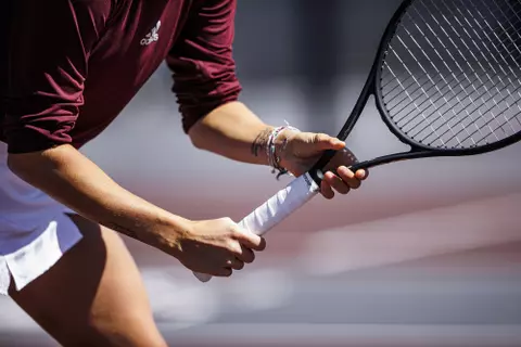 STARKVILLE, MS - March 13, 2022 - Mississippi State’s Chloé Cirotte’s racket during the match between the LSU Tigers and the Mississippi State Bulldogs at the AJ Pitts Tennis Centre in Starkville, MS. Photo By Kevin Snyder