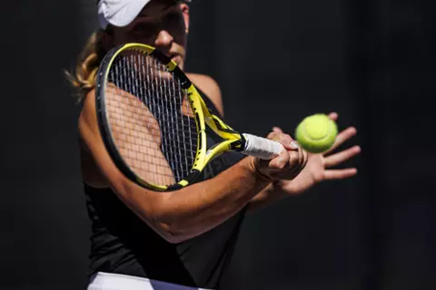 STARKVILLE, MS - March 13, 2022 - Mississippi State’s Alexandra Mikhailuk’s racket during the match between the LSU Tigers and the Mississippi State Bulldogs at the AJ Pitts Tennis Centre in Starkville, MS. Photo By Kevin Snyder