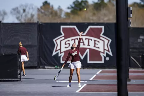 STARKVILLE, MS - March 13, 2022 - Mississippi State’s Magda Adaloglou during the match between the LSU Tigers and the Mississippi State Bulldogs at the AJ Pitts Tennis Centre in Starkville, MS. Photo By Kevin Snyder