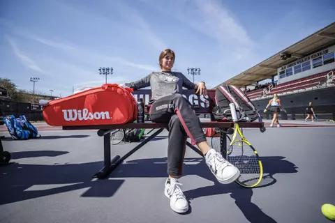 STARKVILLE, MS - March 20, 2022 - Mississippi State’s Magda Adaloglou before the match between the Alabama Crimson Tide and the Mississippi State Bulldogs at the AJ Pitts Tennis Centre in Starkville, MS. Photo By Kevin Snyder
