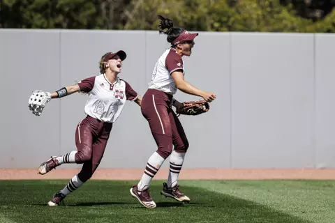 STARKVILLE, MS - March 20, 2022 - Mississippi State Outfielder Chloe Malau’ulu (#14) and Outfielder Brylie St. Clair (#12) after the game between the Ole Miss Rebels and the Mississippi State Bulldogs at Nusz Park in Starkville, MS. Photo By Austin Perryman