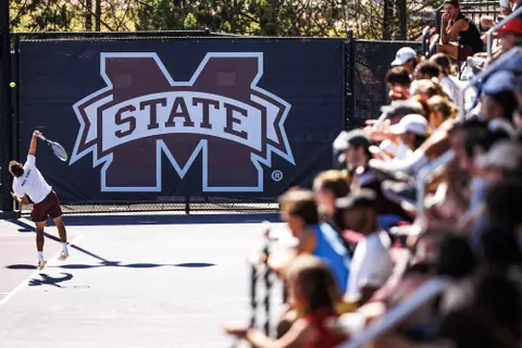 STARKVILLE, MS - April 03, 2022 - Mississippi State's Alberto Colas during the match between the Ole Miss Rebels and the Mississippi State Bulldogs at the AJ Pitts Tennis Centre in Starkville, MS. Photo By Sloane Bush