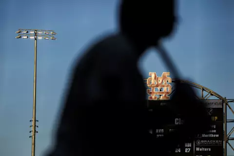 STARKVILLE, MS - April 05, 2022 - M over S logo during the game between the UT Martin Skyhawks and the Mississippi State Bulldogs at Dudy Noble Field at Polk-Dement Stadium in Starkville, MS. Photo By Sloane Bush