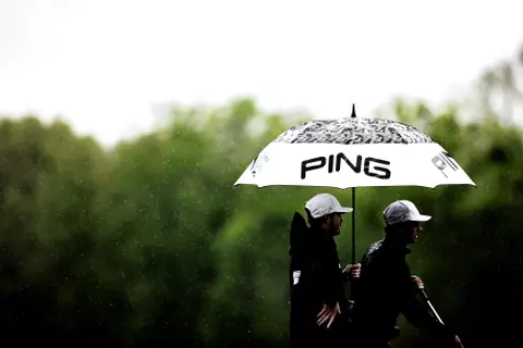 WEST POINT, MS - April 11, 2022 - Mississippi State Head Coach Dusty Smith and Ruan Pretorius during the Mossy Oak Collegiate Championship at Mossy Oak Golf Club in West Point, MS. Photo By Austin Perryman