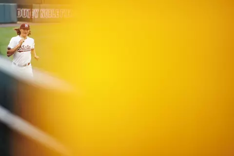 STARKVILLE, MS - April 12, 2022 - Mississippi State Pitcher Pico Kohn (#9) before the game between the UAB Blazers and the Mississippi State Bulldogs at Dudy Noble Field at Polk-Dement Stadium in Starkville, MS. Photo By Austin Perryman