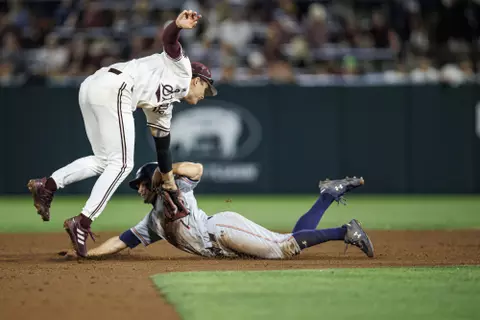 STARKVILLE, MS - April 14, 2022 - Mississippi State Infielder RJ Yeager (#4) during the game between the Auburn Tigers and the Mississippi State Bulldogs at Dudy Noble Field at Polk-Dement Stadium in Starkville, MS. Photo By Sloane Bush