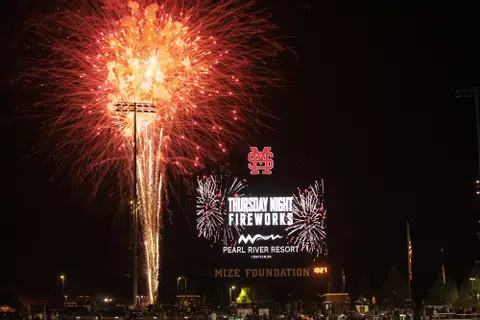 STARKVILLE, MS - April 14, 2022 - Fireworks during the game between the Auburn Tigers and the Mississippi State Bulldogs at Dudy Noble Field at Polk-Dement Stadium in Starkville, MS. Photo By Sloane Bush