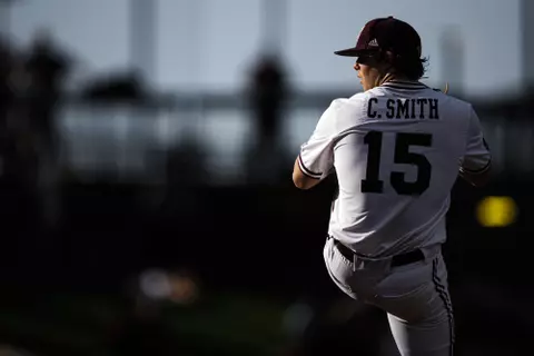 STARKVILLE, MS - April 16, 2022 - Mississippi State Pitcher Cade Smith (#15) during the game between the Auburn Tigers and the Mississippi State Bulldogs at Dudy Noble Field at Polk-Dement Stadium in Starkville, MS. Photo By Mississippi State Athletics