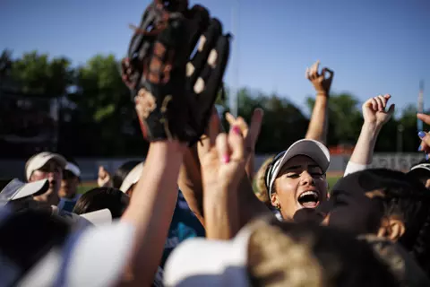 STARKVILLE, MS - April 27, 2022 - Mississippi State Outfielder Chloe Malau’ulu (#14) in a team huddle before the game between the Southern Miss Golden Eagles and the Mississippi State Bulldogs at Nusz Park in Starkville, MS. Photo By Austin Perryman