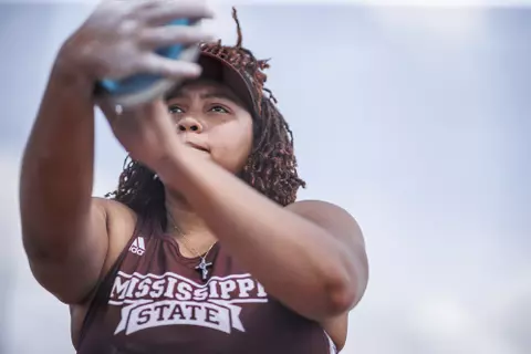 STARKVILLE, MS - April 29, 2022 - Mississippi State Thrower Jhordyn Stallworth during the Maroon & White Invite at the Mike Sanders Track Complex in Starkville, MS. Photo By Kevin Snyder